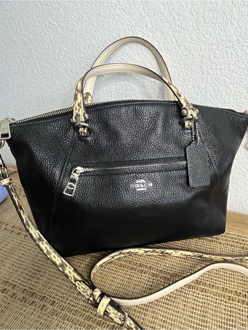 Coach Black Prairie Satchel Pebbled Leather Leopard Print Crossbody Handbag